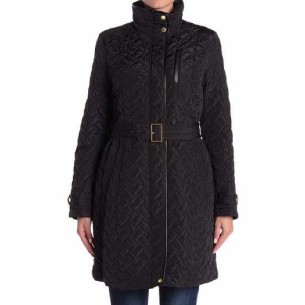 Cole Haan Black Quilted Funnel Neck Coat M